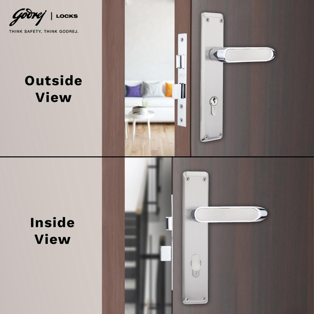 Godrej Mortise Lock|Handle Lock Set for Main & Internal Door of Home & Offices|NEH 21|Satin Steel Finish|8 inch Lockbody|60 mm Cylinder Key from Outside knob from Inside with 3 Keys|5 Years Warranty